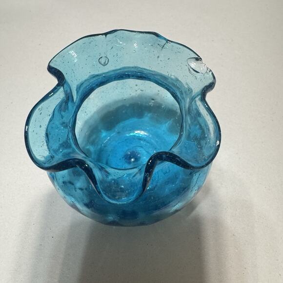 Mid Century Blue Blown Glass Vase Ruffle Edge Empoli Blenko Style Handmade Tiny - Picture 2 of 6